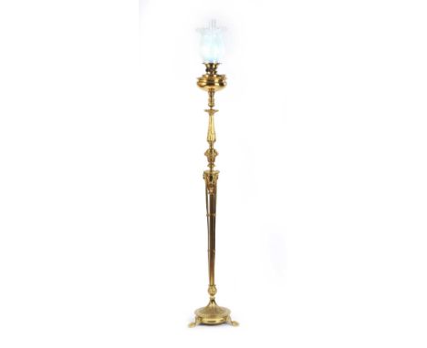 EDWARDIAN ADAM'S STYLE FLOOR STANDING OIL LAMP WITH CIRCULAR BASE ON PAW FEET, GLASS FUNNELL AND OPAQUE GLASS SHADE HEIGHT: 6