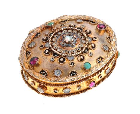 SILVER GILT OVAL PILL BOX WITH A HINGED LID MOUNTED WITH MOTHER OF PEARL, AMETHYST AND BLUE TURQUOISE STONE, BIRMINGHAM 1910M