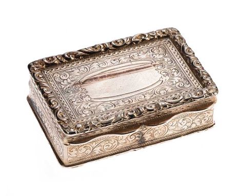 ENGRAVED SILVER SNUFF BOX WITH GILT INTERIOR, BIRMINGHAMMAKER: UNKNOWNWIDTH: 2.25 INCHES DEPTH: 1.5 INCHES HEIGHT: 0.5 INCHES