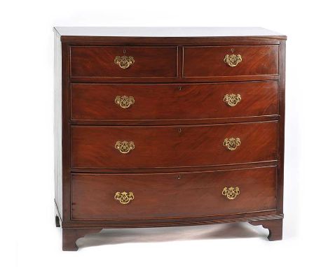 GEORGIAN MAHOGANY BOW FRONT FIVE DRAWER CHEST WITH BRASS DROP HANDLES ON BRACKET FEETHEIGHT: 41 INCHES WIDTH: 42 INCHES DEPTH