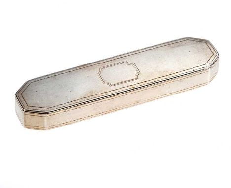 SILVER SNUFF BOX WITH PLAIN CASE, LONDON 1792MAKER: PHILIPS & ROBINSON WIDTH: 3.25 INCHES DEPTH: 0.75 INCHES HEIGHT: 0.25 INC