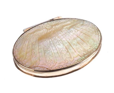 CONTINENTAL SILVER PLATED OVAL SNUFF BOX WITH A HINGED LID MOUNTED ON A CARVED MOTHER OF PEARL SHELL MAKER: UNKNOWN WIDTH: 3.