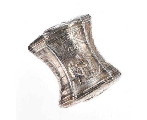 19TH CENTURY CONTINENTAL EMBOSSED SILVER DOUBLE ENDED SNUFF BOX EMBOSSED WITH TAVERN INTERIOR SCENES AND SHAPED HINGED LIDS E