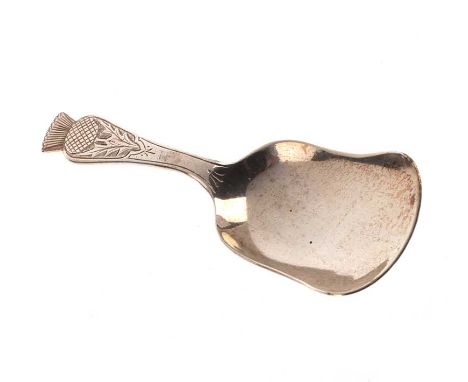 SILVER TEA CADDY SPOON WITH THISTLE HANDLE, BIRMINGHAM 1931 MAKER: UNKNOWN LENGTH: 3.5 INCHES 