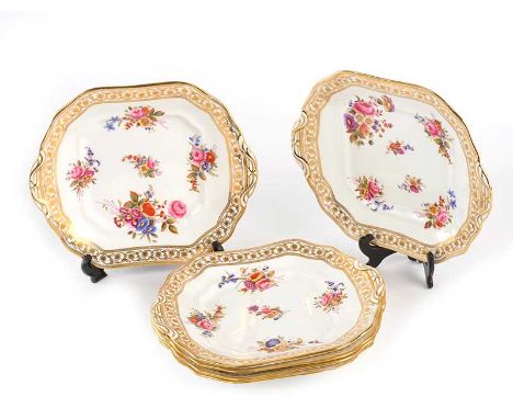 SET OF SIX HAMMERSLEY CHINA SANDWICH PLATES WITH GILT BORDERS & DECORATED WITH PAINTED FLOWERS, THREE PLATES STAMPED: T. GOOD