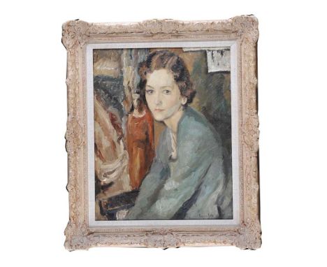 RONALD OSSARY DUNLOP RA, RBA 'PORTRAIT OF A SEATED GIRL'OIL ON CANVAS IN CARVED CREAM FRAME 26 x 20 INCHES SIGNED 