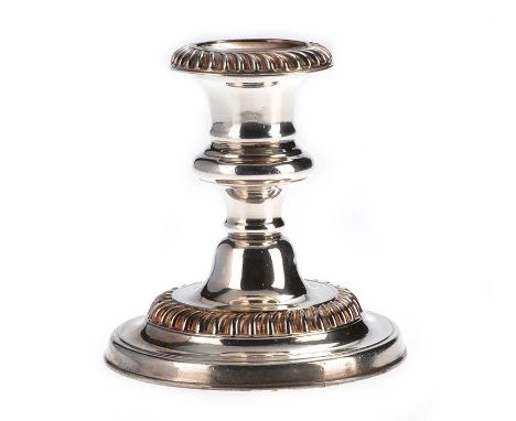 SILVER PLATED DWARF CANDLESTICK WITH DRIP PAN, MAKER UNKNOWNBASE DIAMETER: 4 INCHES HEIGHT: 4.5 INCHES 