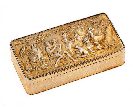 SILVER GILT SNUFF BOX WITH AN ENGINE TURNED BASE AND SIDES AND A CAST HINGED LID DECORATED WITH GIRL PLAYING A HARP IN A FORE