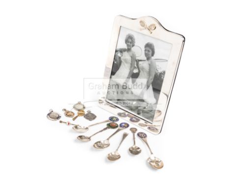 silver tennis spoons, medals and other collectibles,comprising a silver photograph frame, with crossed tennis racquet motif, 