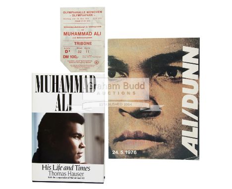 A programme and ticket for the Muhammad Ali v Richard Dunn fight in Munich 24th May 1976,sold together with an Ali signed Bio