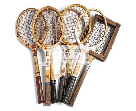 A collection of 28 tennis racquets,including three Dunlop Maxply unused wooden framed, a Slazenger Victory, a Regent Don Budg