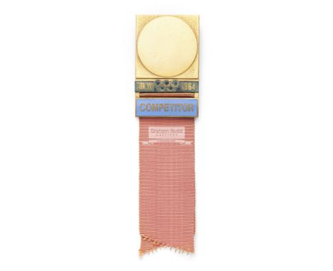 Tokyo 1964 Olympic Games competitor's badge,gold plate & enamel, the pale blue bar inscribed COMPETITOR, pink-orange coloured