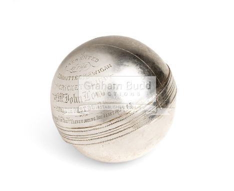A Victorian silver-plated presentation model of a cricket ball,engraved with a cricketer and inscribed PRESENTED BY THE COMMI
