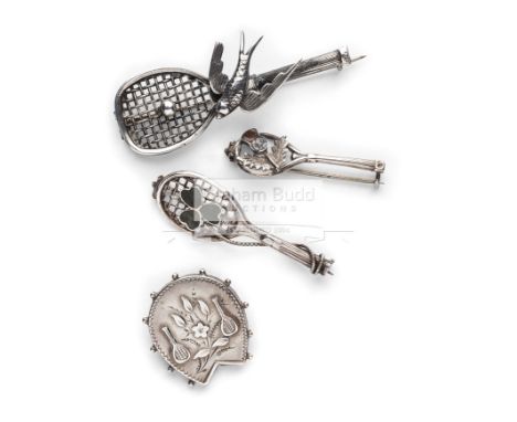 Four Victorian silver Tennis Brooches, circa 1890,comprising a flat top tennis racquet with bird motif; a a tennis racquet wi