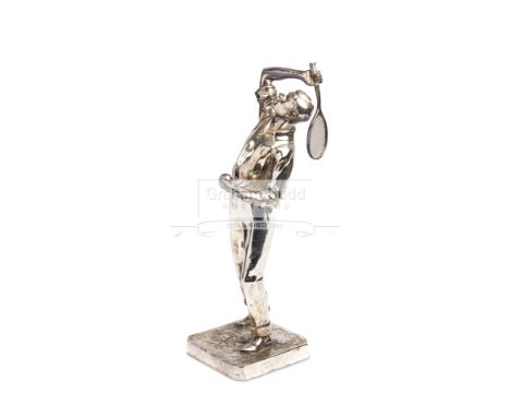 A large, scarce and detailed Kayzerzinn silver-plated tennis figurine by W. Zwick,with fine detailing, the figure shows a gen