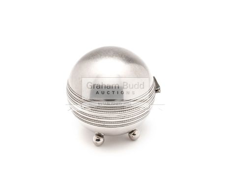 A Victorian silver plated cricket ball inkwell,stamped EPNS, the top half of the hinged ball unusually mirrored internally, c