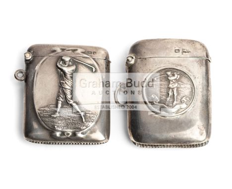 Two Edwardian silver vesta cases featuring golfers,one hallmarked Sheffield 1903, the other Birmingham 1907