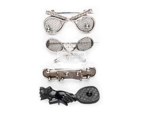 A Victorian Jet hand and tennis racquet brooch,sold together with three silver crossed tennis racquet brooches, one with a te