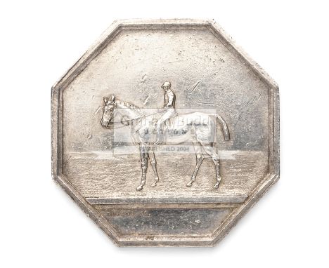 A mid-19th century French silver racing pass for the Jockey-Club de Lyon,octagonal, racehorse & jockey, inscibed to the rever