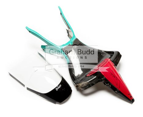 Carl Fogarty signed used Petronas FP1 Superbike saddle sub-frame,his marker pen signature upon the red rear saddle fairing, f