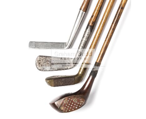 Four hickory shafted golf clubs,comprising a Silver Dint patent driver, with full sole plate and face plate; a Rivers-Zambra 