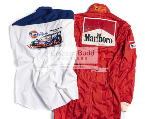 Racewear worn by James Weaver for Gulf Racing, Jaguar, Nissan and other teams,including his 1996 Marlboro World Championship 