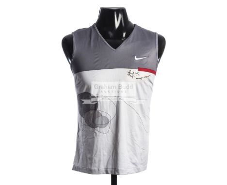An autographed Nike tennis tank top, signed by Lindsay Davenport,the grey, silver and red top signed in black marker pen belo