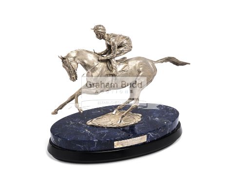 'The Final Frame' sterling silver sculpture of Lester Piggott on horseback, hallmarked London 1986 by Garrard &amp; Co Ltd, t