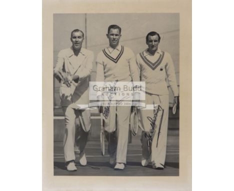 A double signed b&w signed photograph, signed in black marker pen by Fred Perry and Ellsworth Vines, 25.2 x 20 cm; sold toget