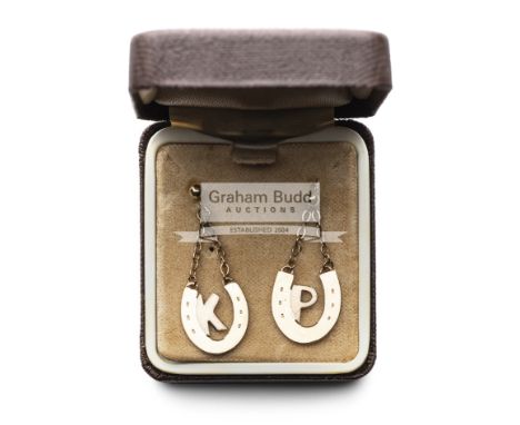 9ct. gold & platinum ladies earrings being a gift from Keith Piggott,each a gold horseshoe, with platinum lettering of K and 