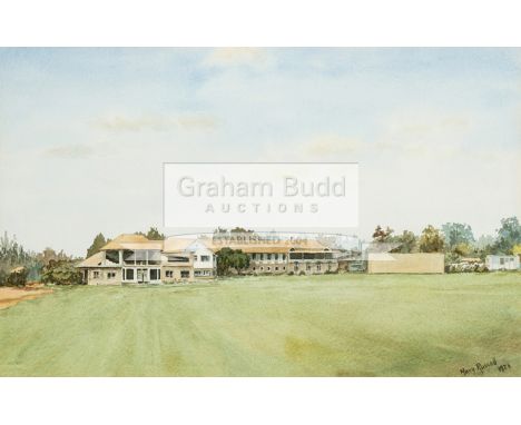 An original watercolour of Nairobi Cricket Pavilion and ground by Mary Russell, signed &amp; dated 1974, a rare item concerni