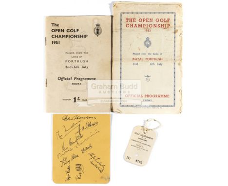 Autographs and memorabilia from the 1951 Open Golf  Championship at Royal Portrush,autographs on six album pages, 18 golfers 