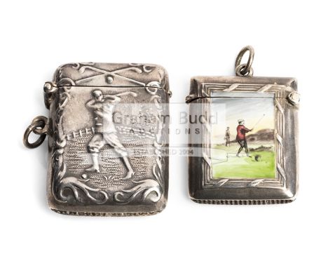 Edwardian silver & enamel vesta cases featuring golfers,hallmarked Birmingham 1904; sold with a golfing vesta of a similar da
