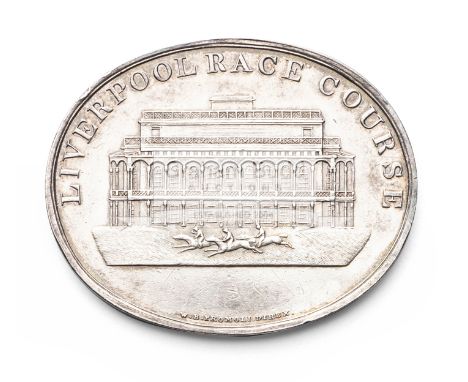 A silver pass for the grandstand at Liverpool racecourse circa 1840,oval, view of the grandstand, inscribed LIVERPOOL RACE CO