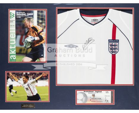 Michael Owen signed England 5 Germany 1 framed display,comprising a replica England jersey signed by Owen in black marker pen