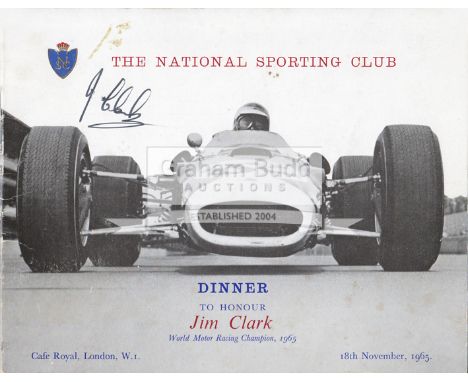 Jim Clark signed 1965 National Sporting Club menu,his ink signature on the front cover above his Indianapolis 500 winning Lot