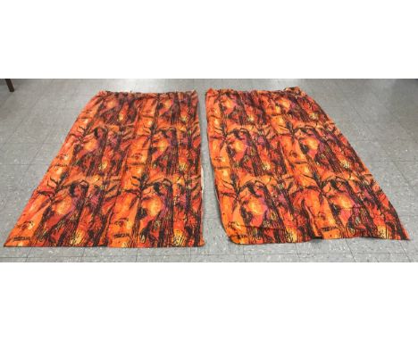 A pair of vintage screen printed cotton satin curtains in Golden Harvest (1957) fabric, designed by Althea McNish, manufactur