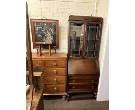 1920's/30's oak leaded glazed door bureau bookcase, painted panel firescreen and carved stool (3).