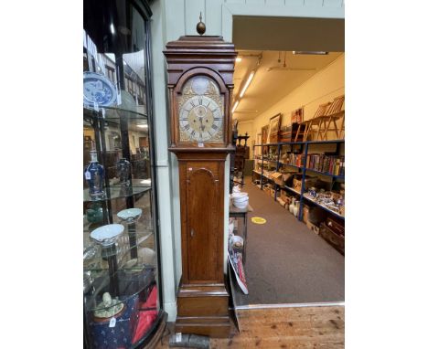 Antique oak and mahogany banded eight day longcase clock having arched dial signed Nich Muddle, Tunbridge, 233cm.