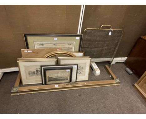 Brass fender, brass spark guard, oval mirror and collection of prints.