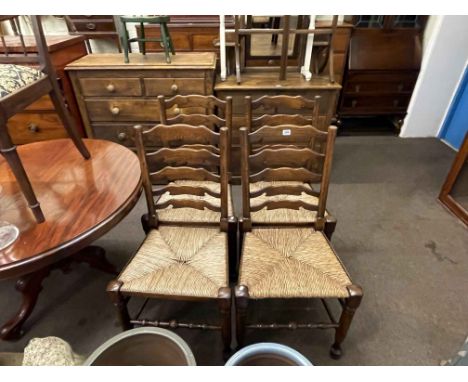 Set of four Country style oak ladder back and rush seated dining chairs, along with late Victorian dressing table and five dr