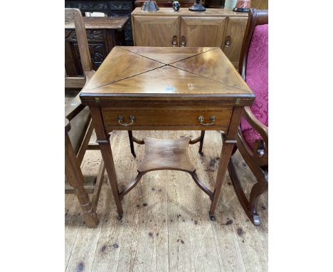 Edwardian mahogany and satinwood banded envelope card table, 74cm by 56cm by 56cm.