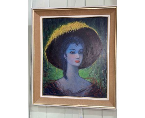 S Rajko, Portrait of a lady wearing a hat, oil on board, signed lower left, 59cm by 49cm, framed.