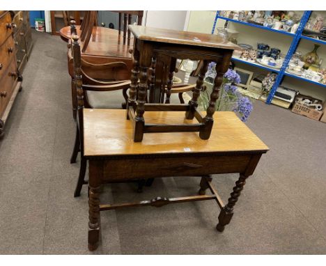 Oak barley twist side table, pair oak elbow chairs and oak bobbin leg stool (4).