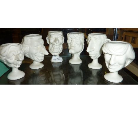 6 Fluck and Law spitting image Carlton ware white egg cups in the form of The Queen, Margaret Thatcher, Prince Andrew, Sarah 