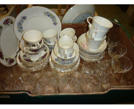 Box of ceramic tea sets, cut glasses etc