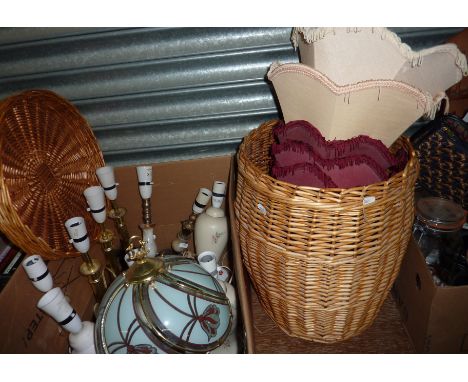 Selection of table lamps, wicker basket, lamp shade etc