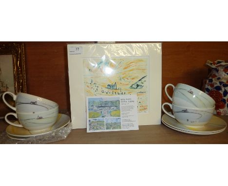 Small limited edition mounted painting entitled 'Spring Time Bolton Abbey' by Kitty North 1025 and 4 breakfast cups and sauce