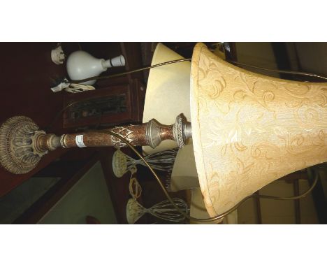 Decorative table lamp and shade and a square wood with iron work table lamp with shade