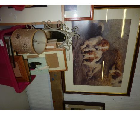 Large framed print entitled 'After The Hunt', small table lamp, selection of photo frames, decorative mirror etc